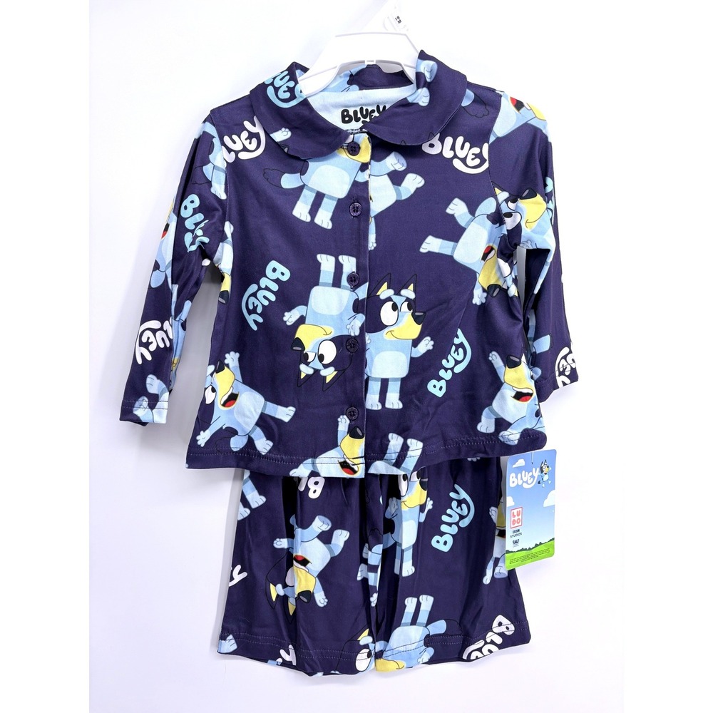 Bluey Kids 2 Piece Pajama Set Navy Blue Long Sleeve Top Shorts 18M NEW